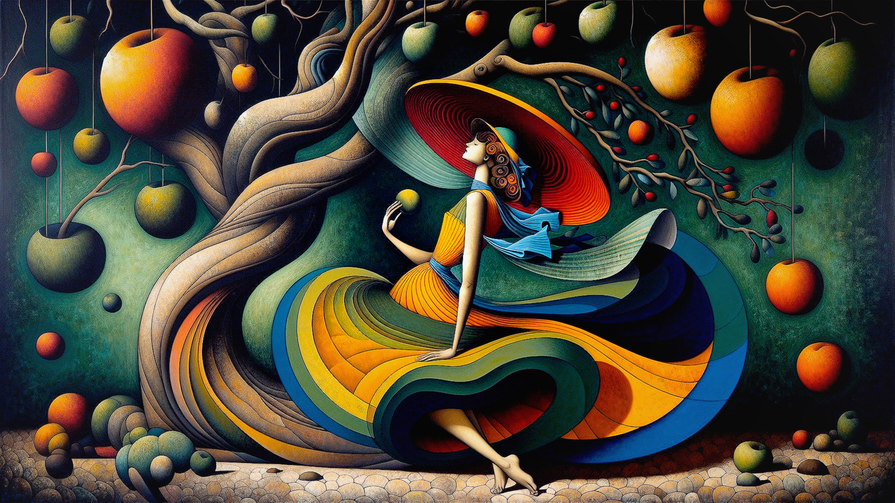 Vibrant Scene of Woman with Colorful Dress and Fruits