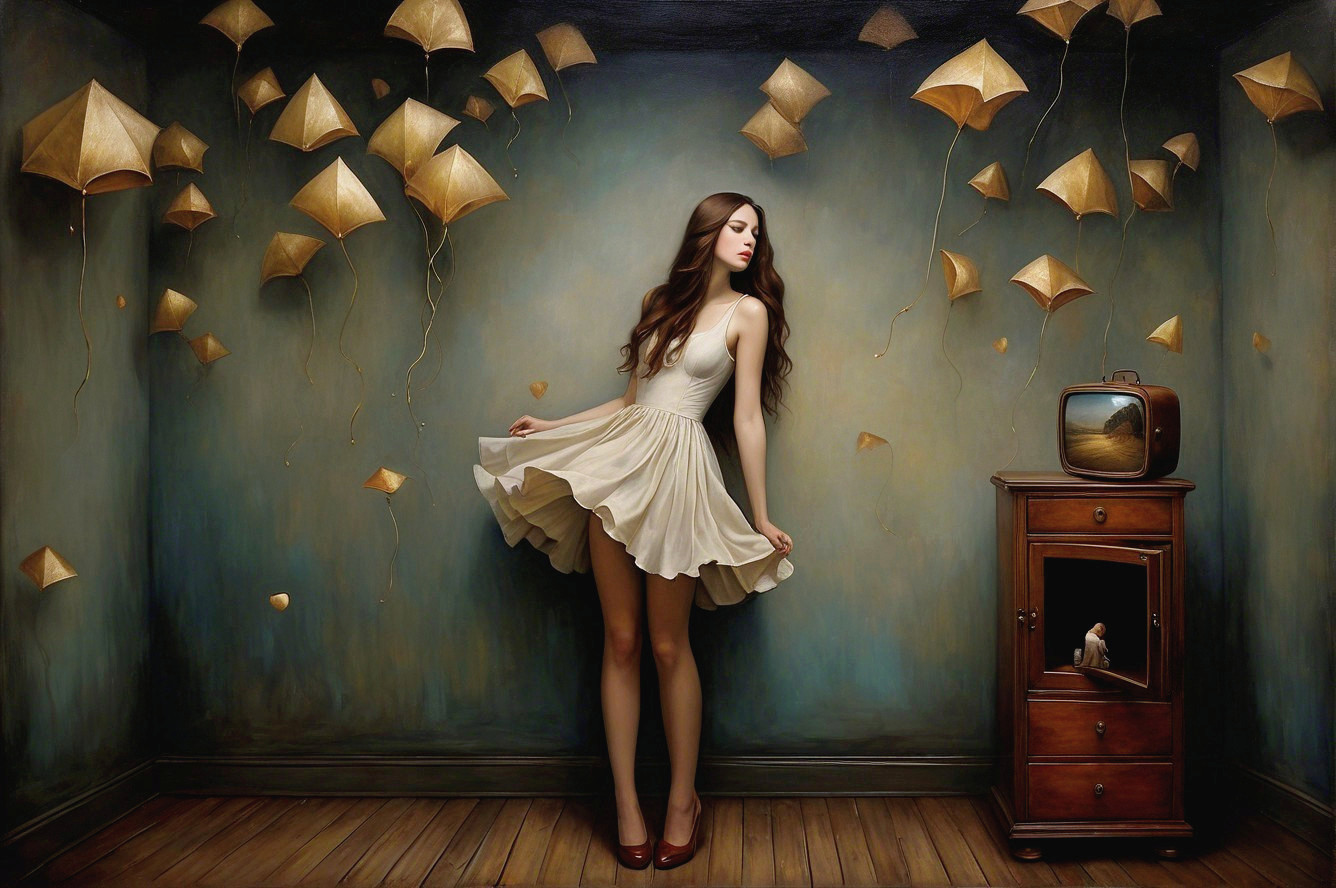 Surreal Scene of Woman with Floating Origami Shapes