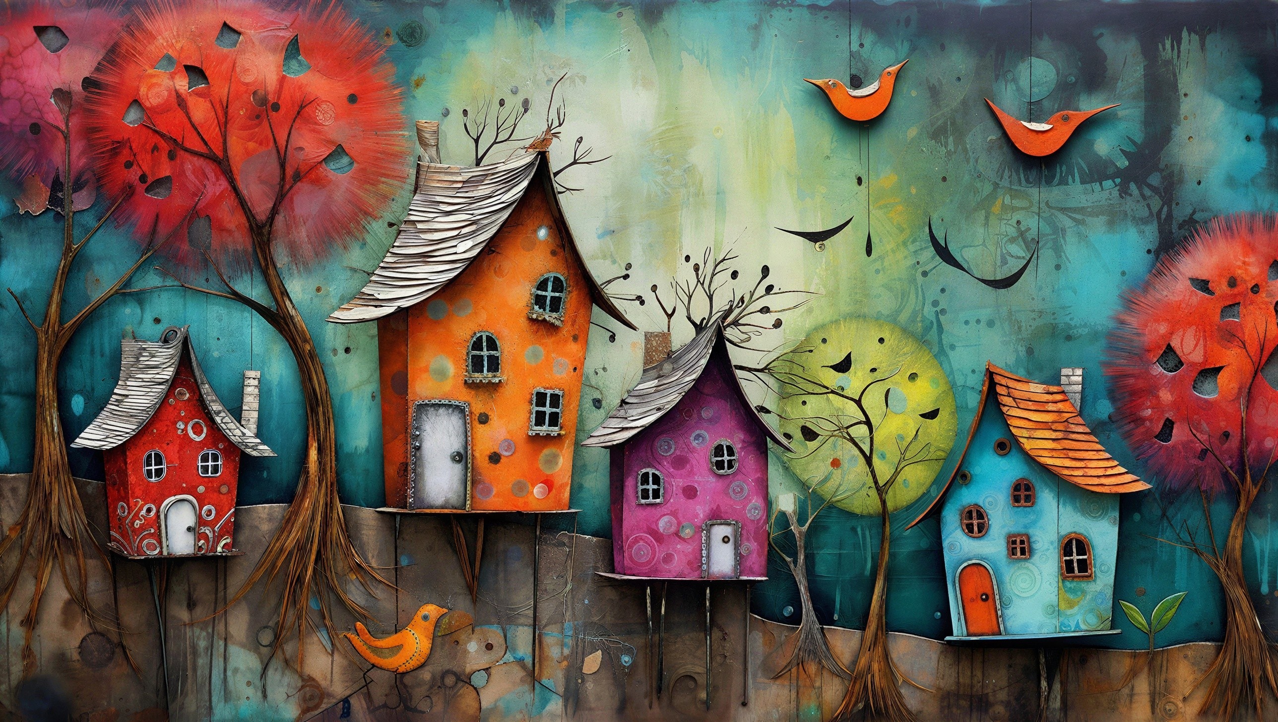 Colorful Abstract Houses in Whimsical Landscape Scene