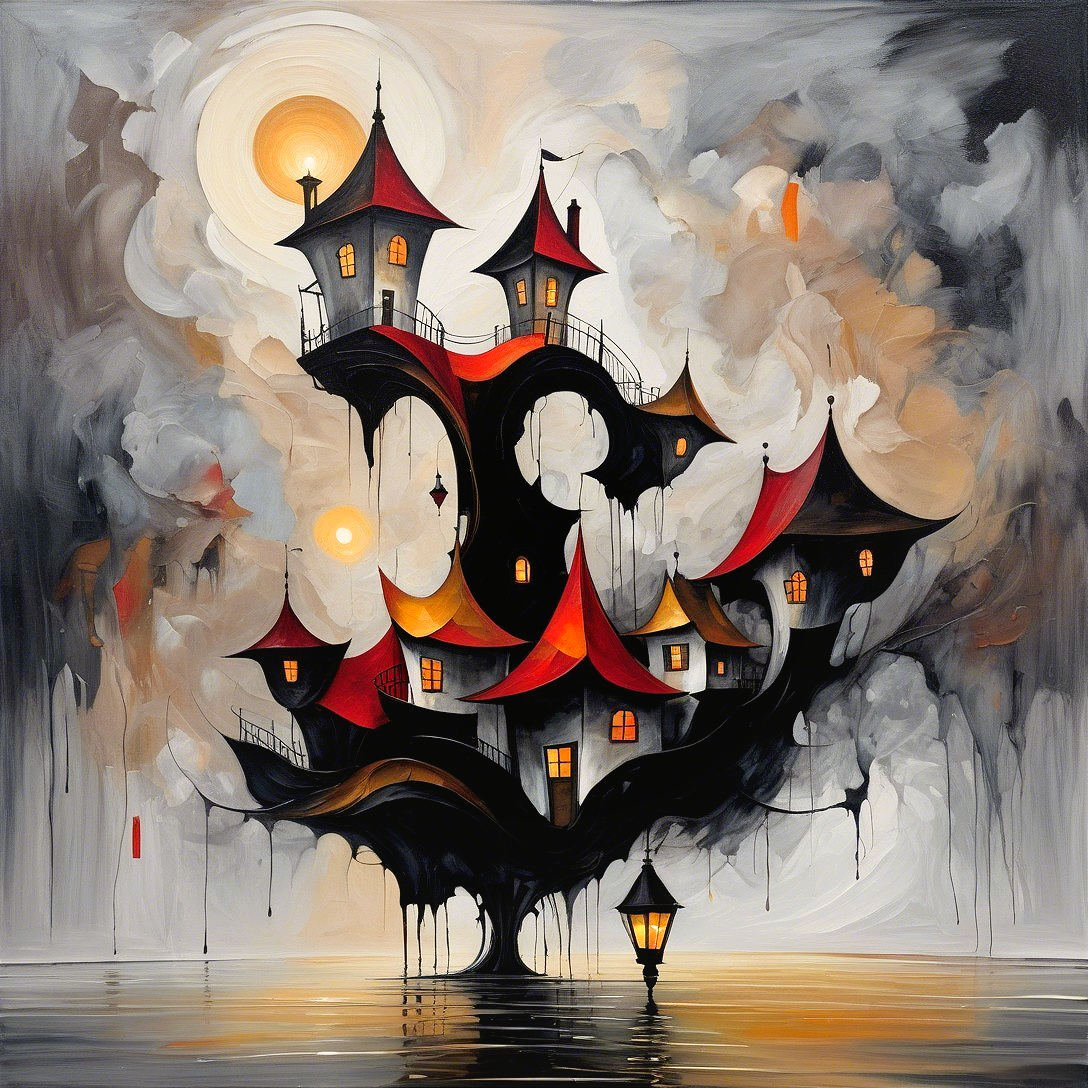 Surreal landscape with whimsical tree and glowing houses