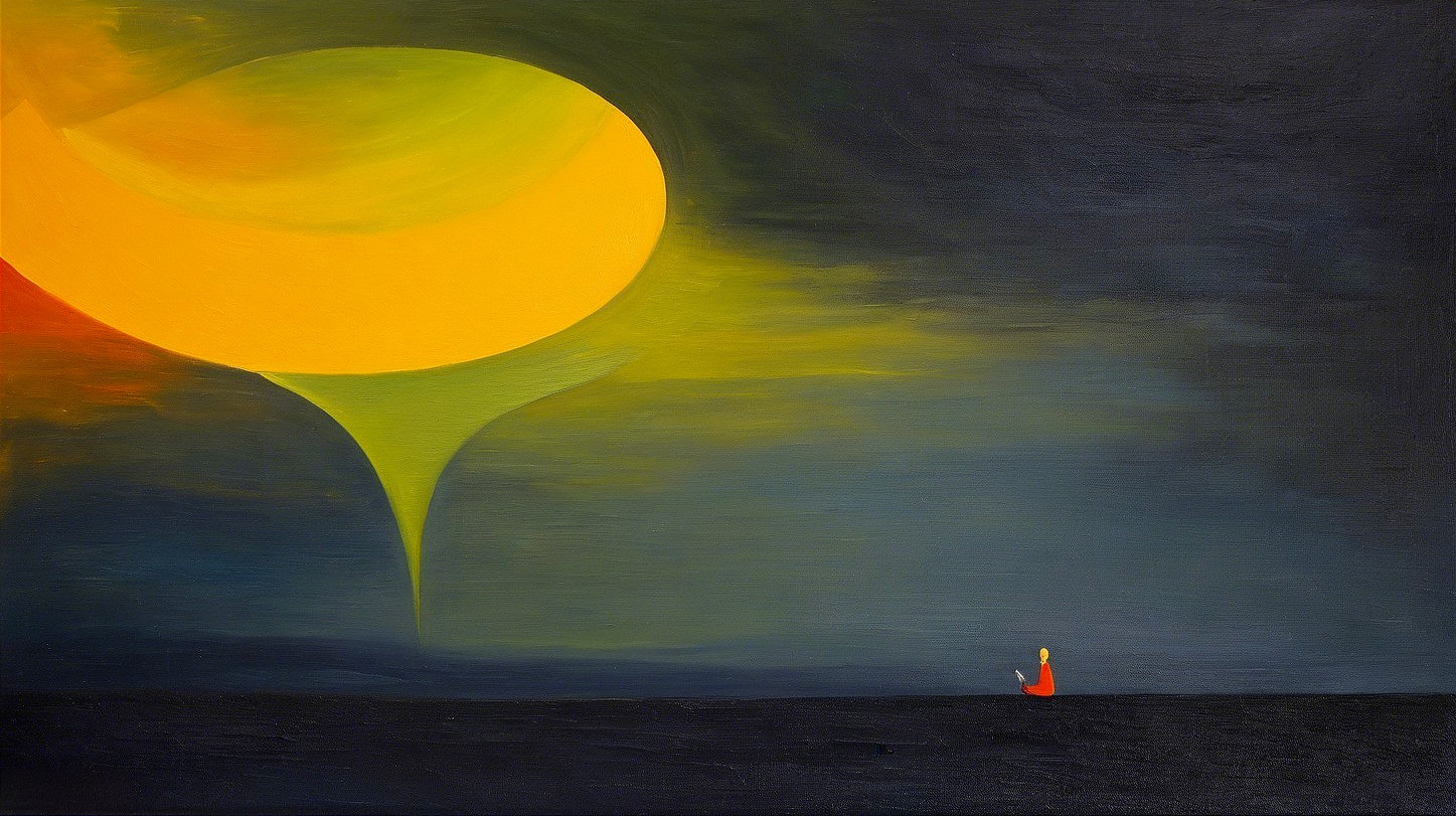 Solitary Figure in Red Against Dark Landscape