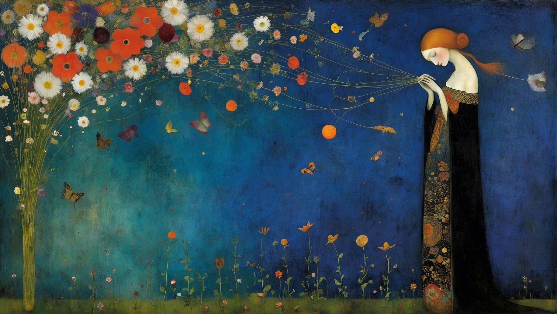 Dreamy Landscape with Woman and Colorful Flowers