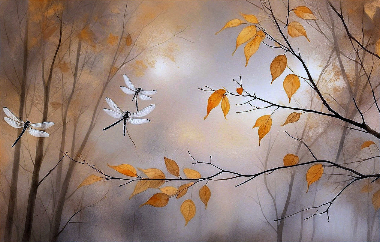 Serene Landscape with Dragonflies and Golden Leaves