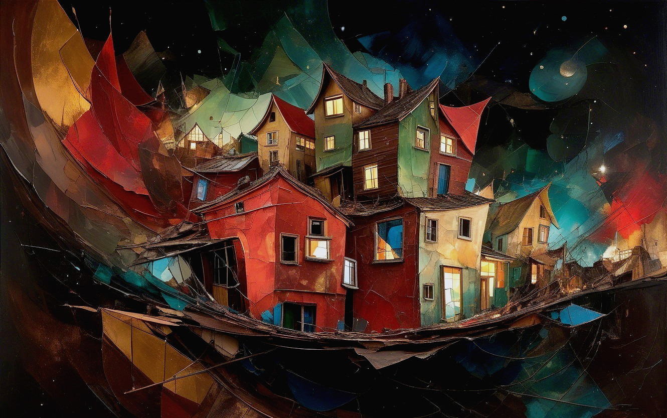 Abstract Colorful Houses Against a Starry Background