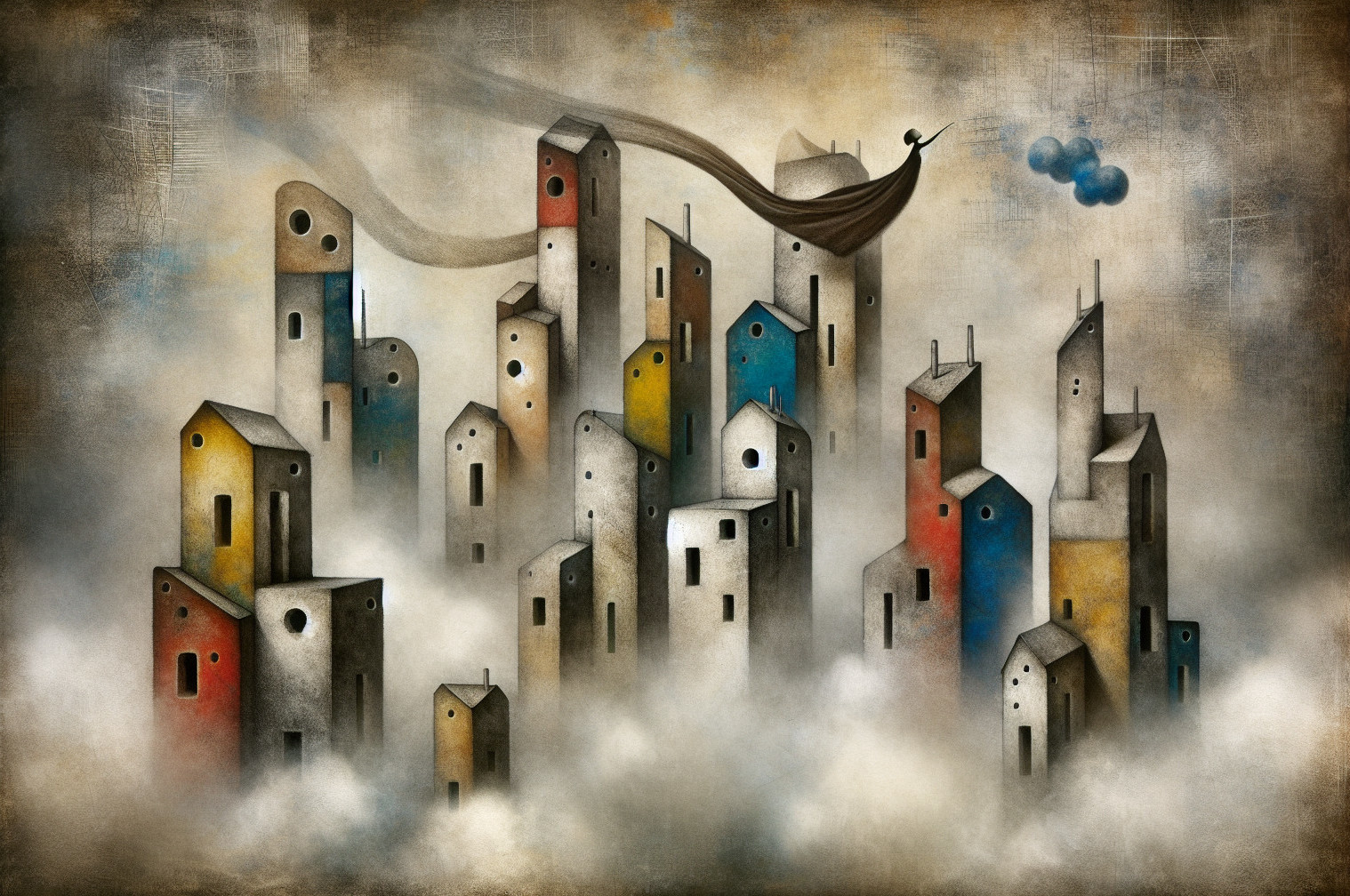 Whimsical cityscape with abstract buildings in fog