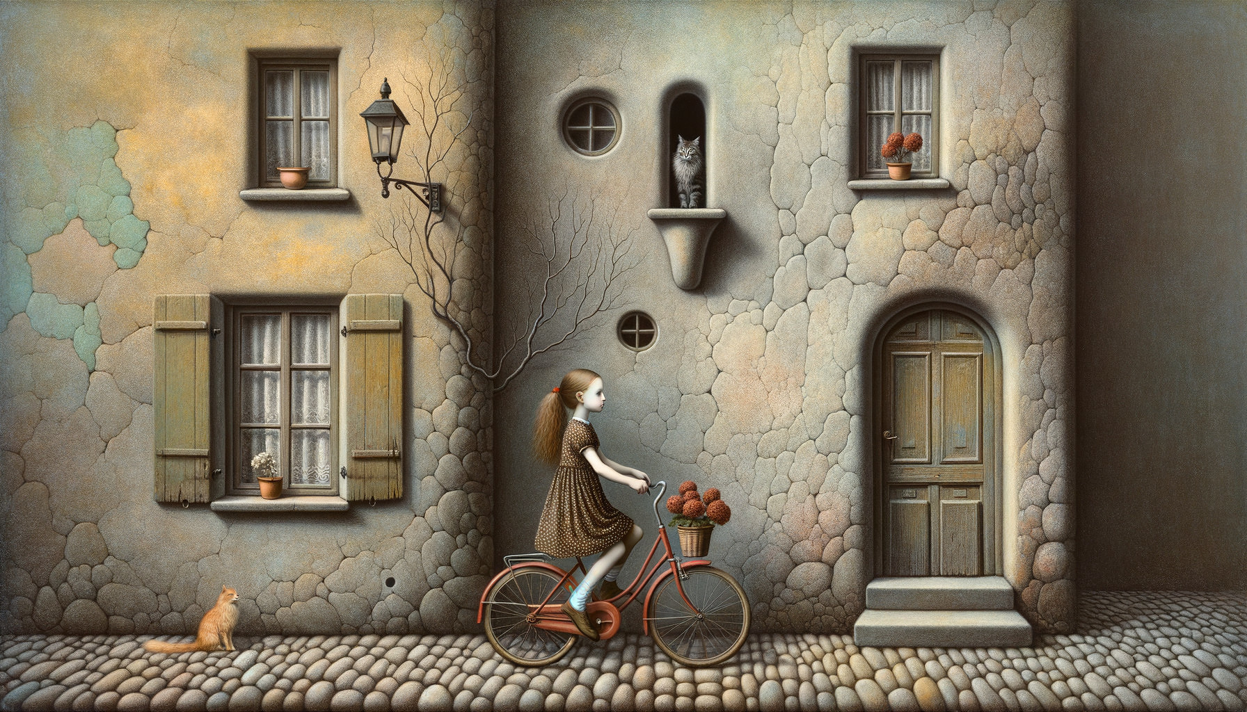 Whimsical Scene of Girl Biking with Flowers and Cats