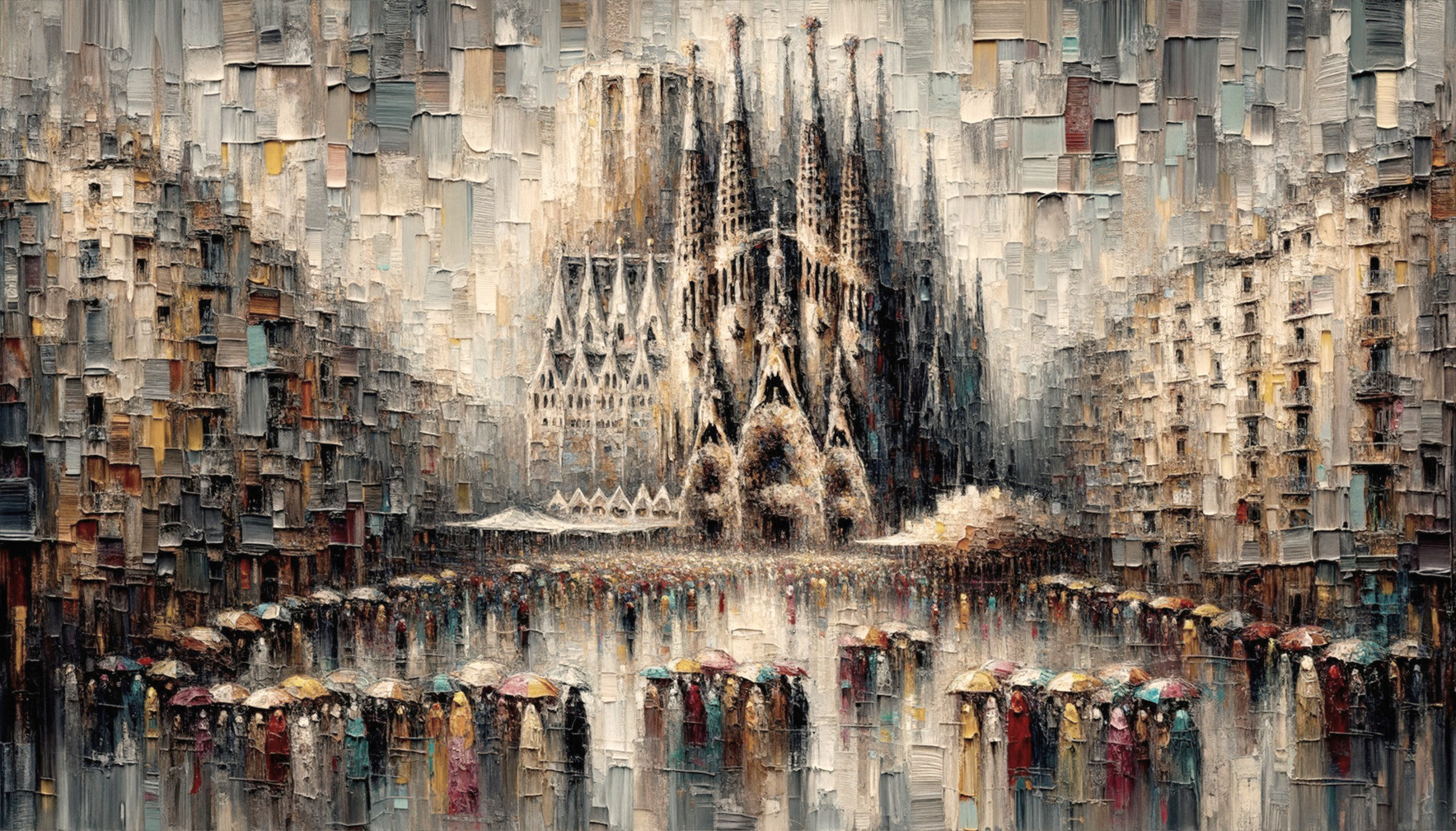 Impressionistic Cityscape with Sagrada Família and Umbrellas