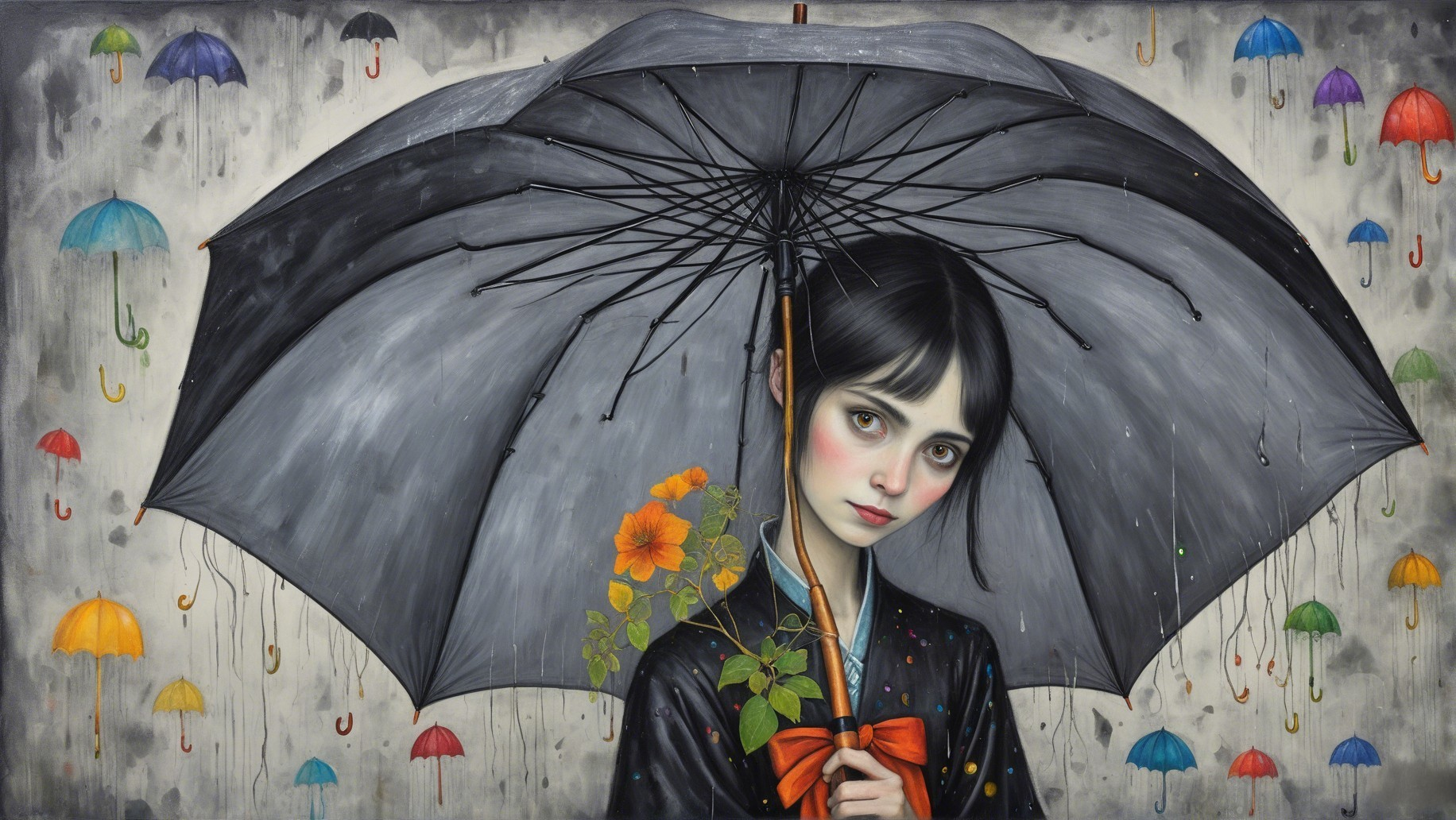 Melancholic girl with umbrella in colorful backdrop