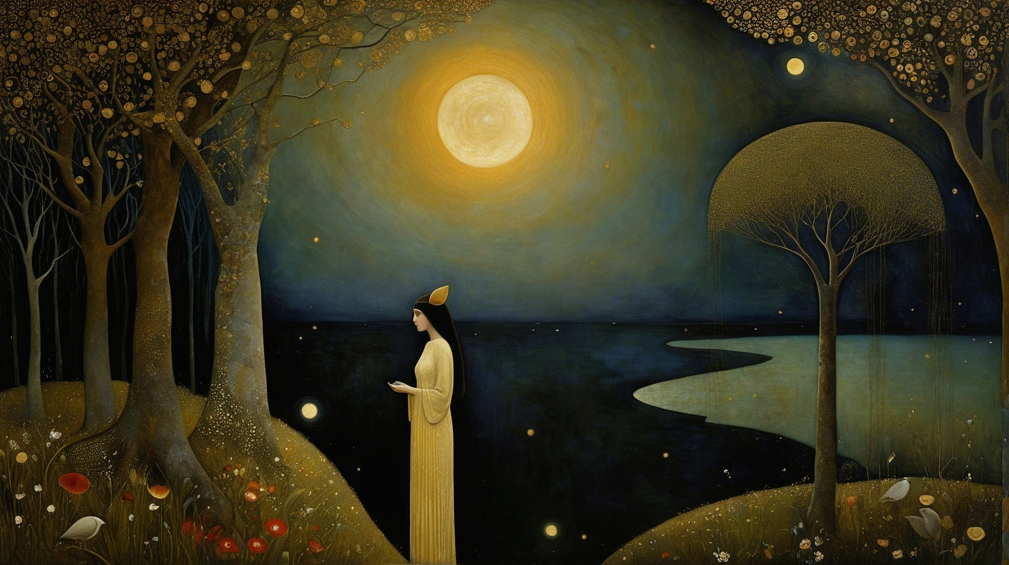 Tranquil Scene of Figure by Serene Water's Edge