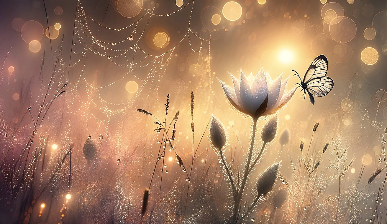 Delicate flower with dewdrops and butterfly in sunlight