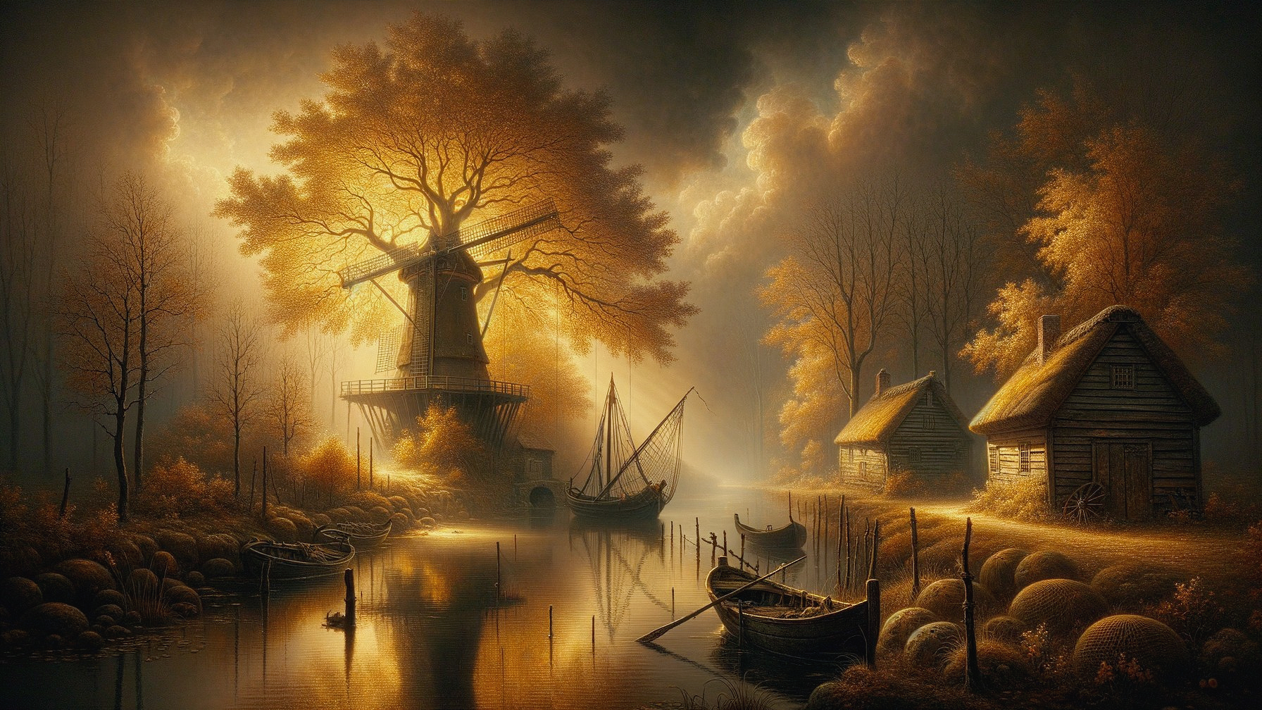 Autumn Landscape with Golden Tree and Windmill
