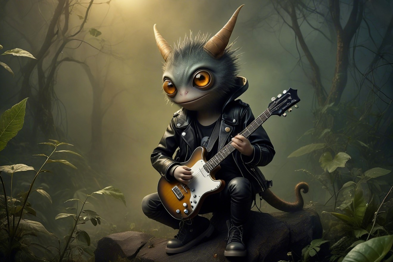 Quirky Creature Playing Guitar in Mystical Forest