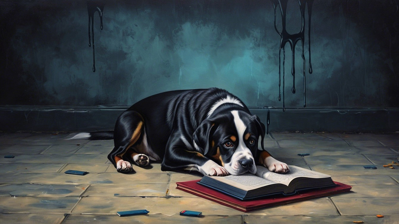 Black and tan dog on stone floor with open book