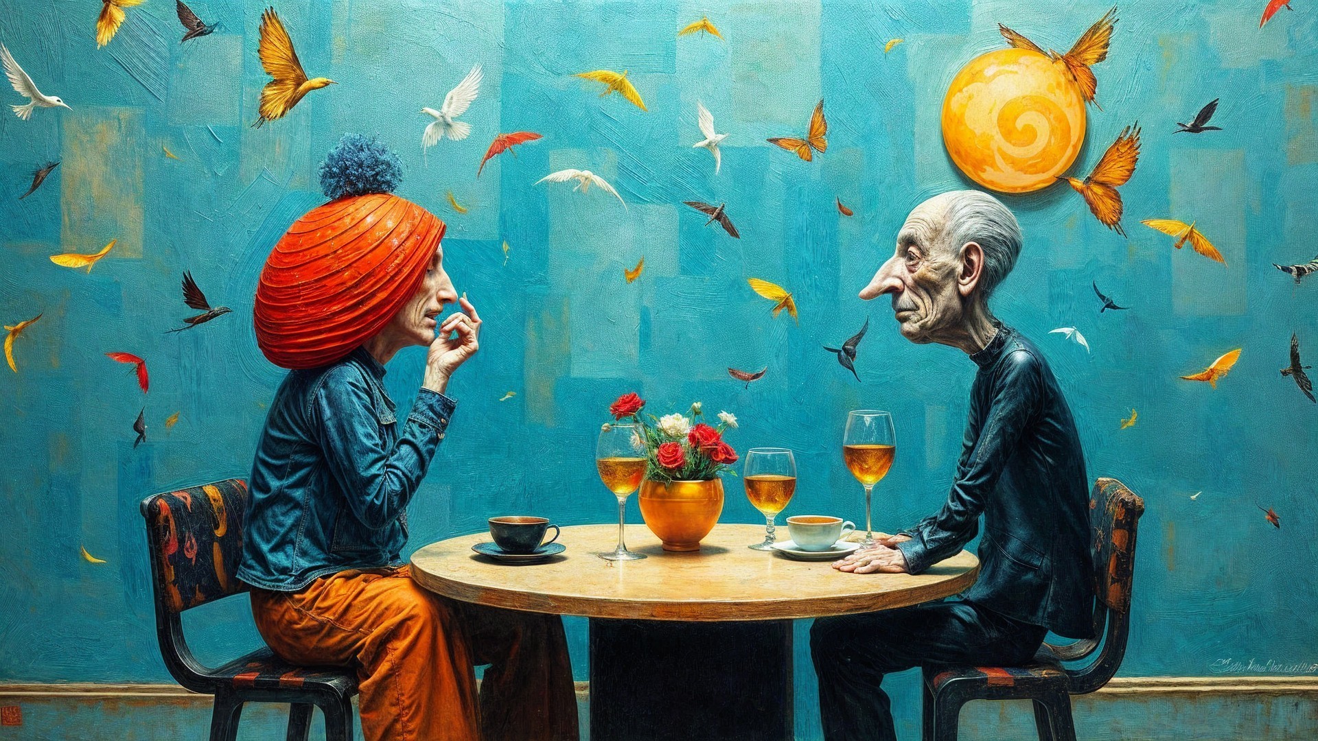 Surreal Scene with Exaggerated Figures at Table