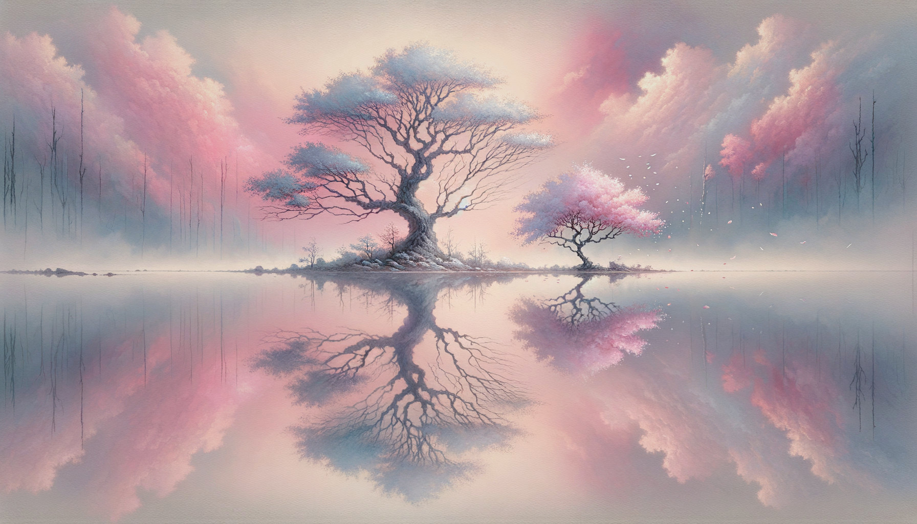 Serene Landscape with Trees and Pastel Reflections