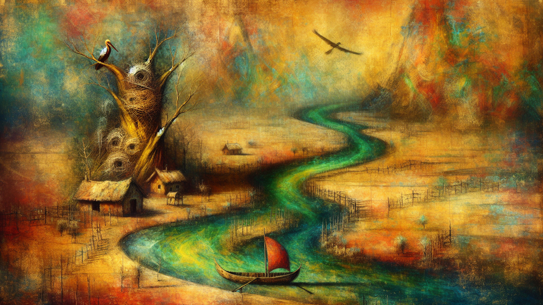 Whimsical Landscape with River and Quaint Houses