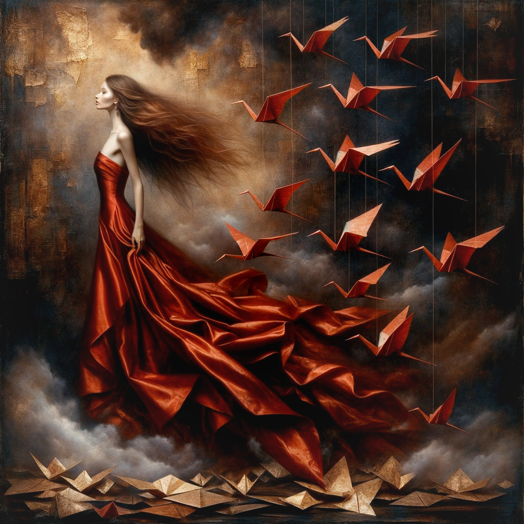 Mysterious figure in red dress with origami cranes