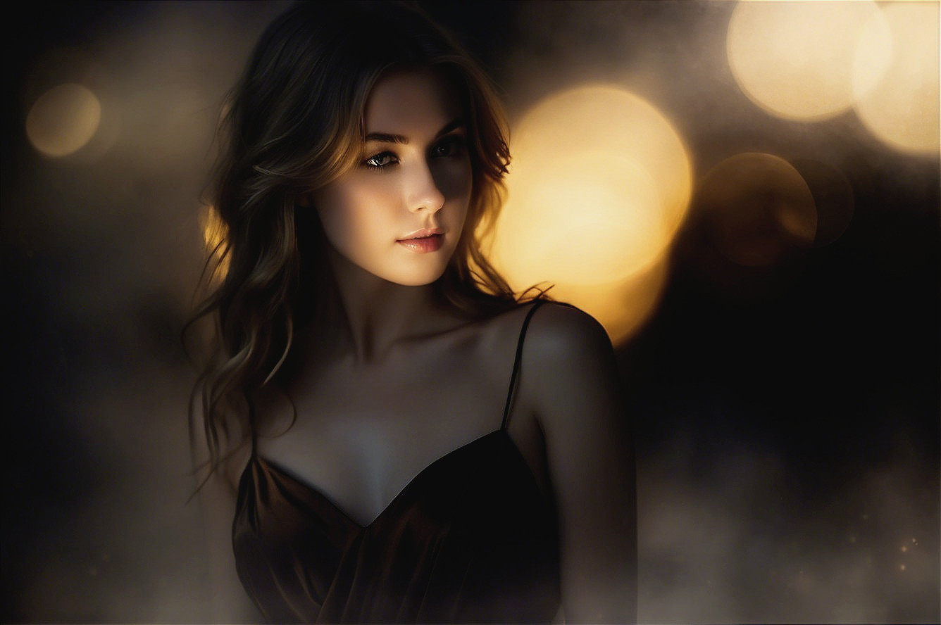 Portrait of a woman with wavy hair and bokeh lights