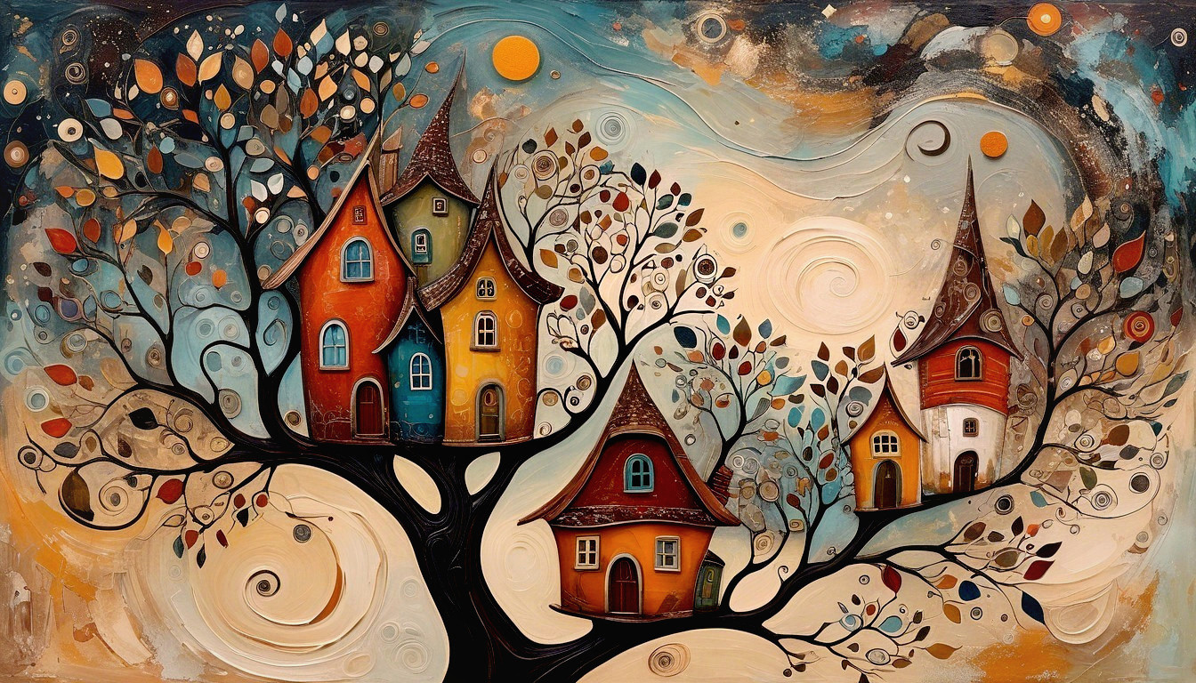 Whimsical Tree Houses Among Colorful Leaves and Sky