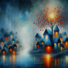 Whimsical Night Scene with Glowing Houses and Moon