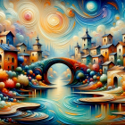Whimsical Houses and Serene River Landscape Scene