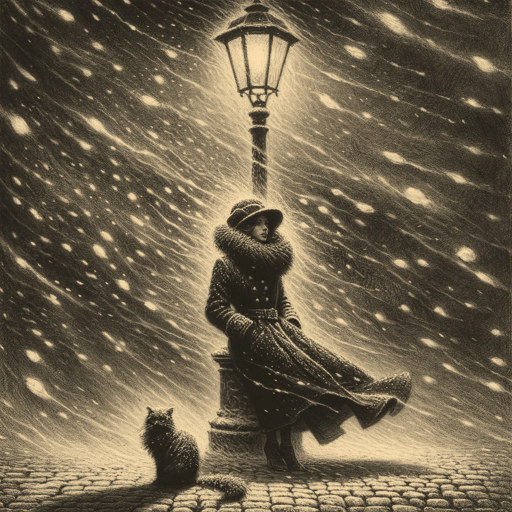 Woman in Elegant Coat with Cat in Snowstorm Glow