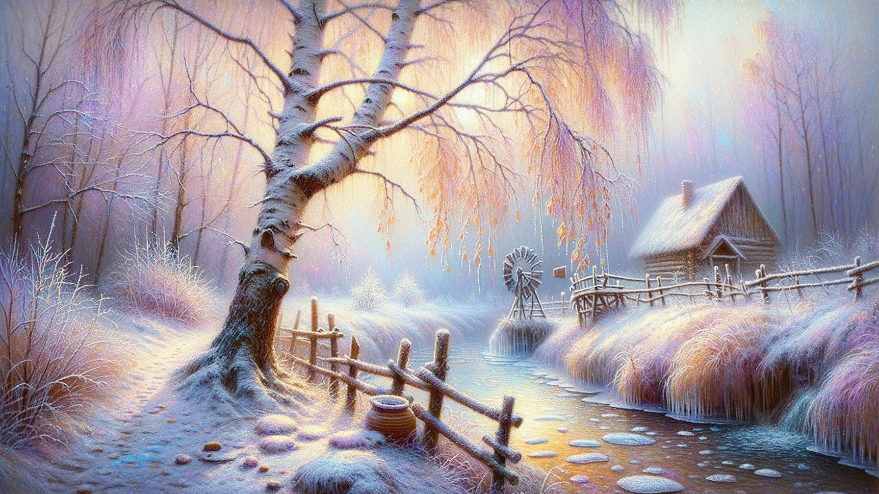 Winter Landscape with Birch Tree and River Scene