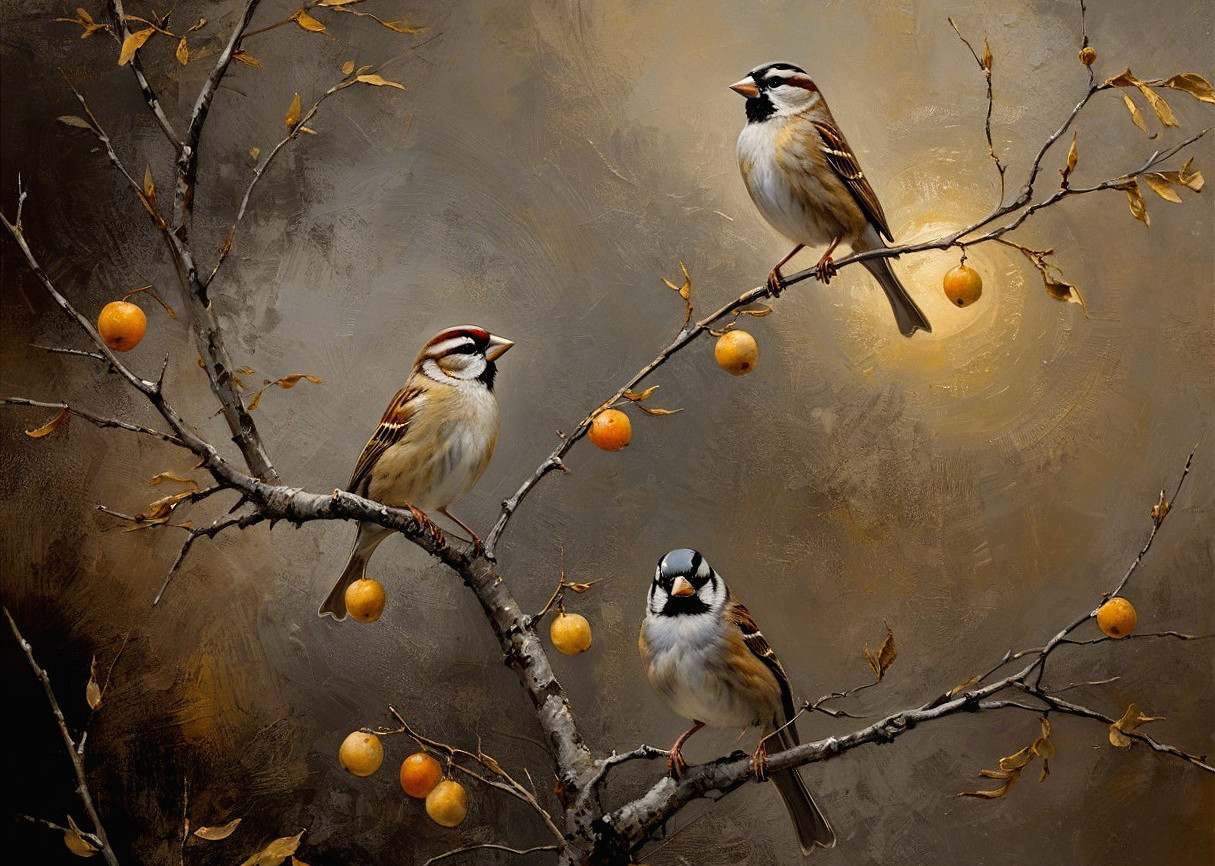Three Sparrows on Branch with Golden-Yellow Fruit