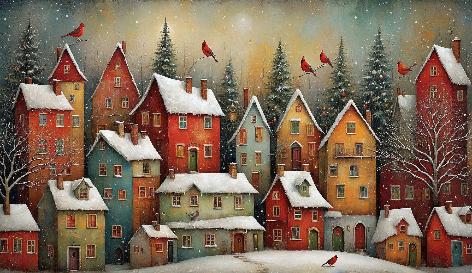 Whimsical Winter Village Scene with Colorful Houses