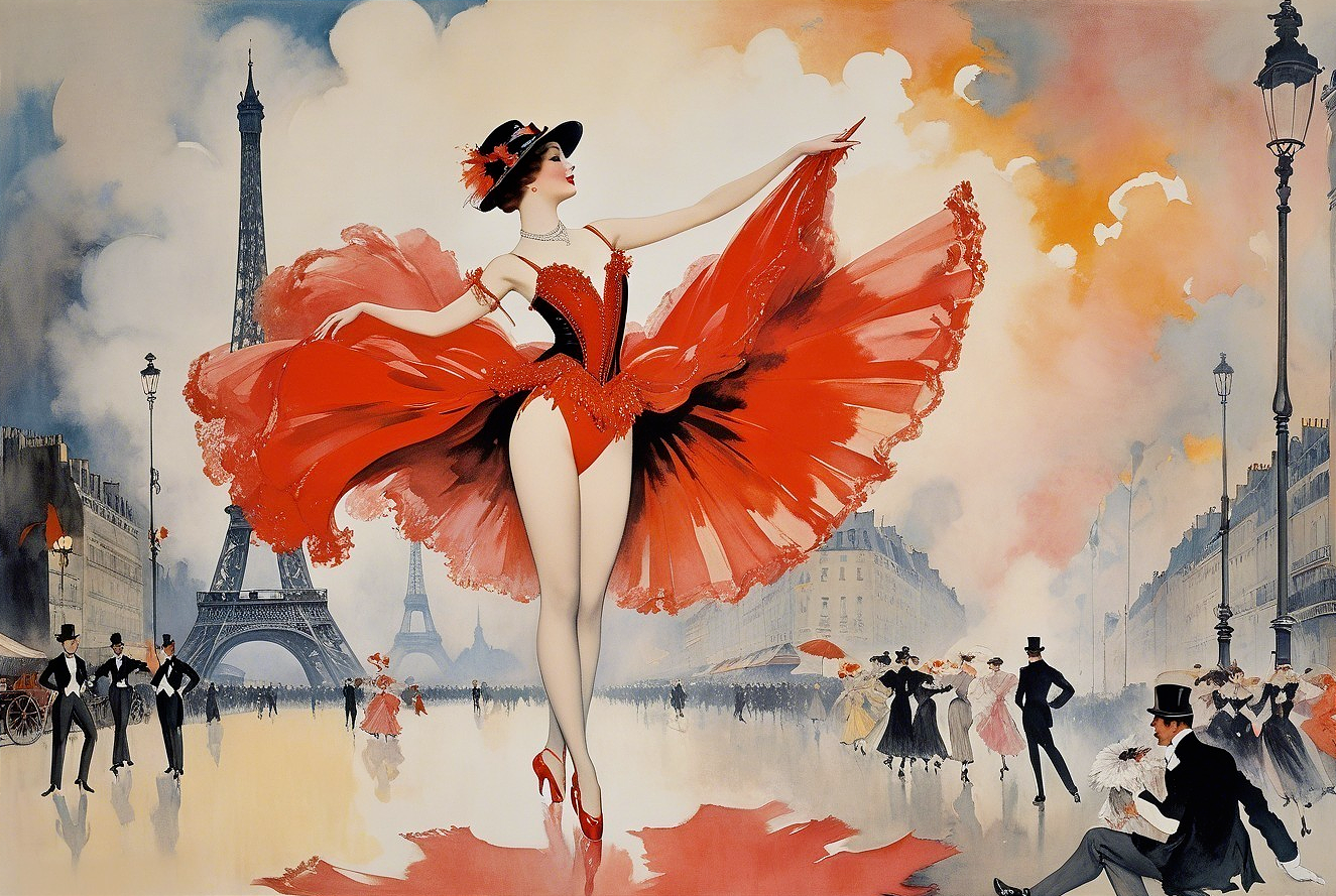 Ballet Dancer in Red Tutu Against Parisian Backdrop