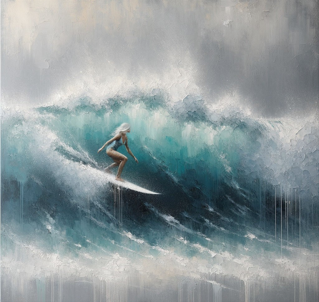 Surfer Riding a Turquoise Wave Under Stormy Sky