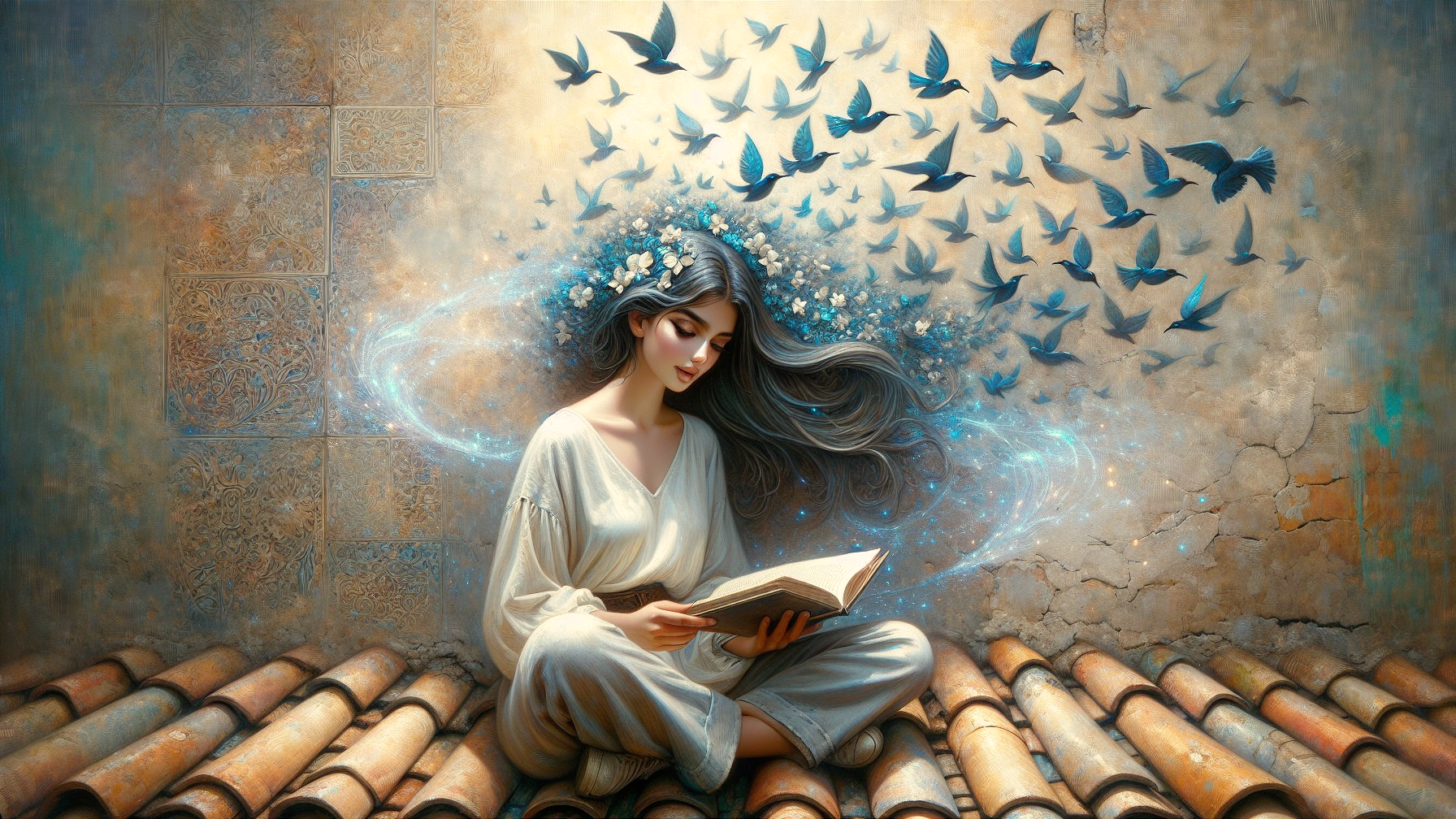 Young woman reading on a rooftop with magical elements