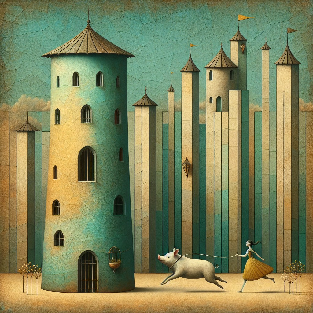 Whimsical Scene with Turquoise Tower and Striped Buildings
