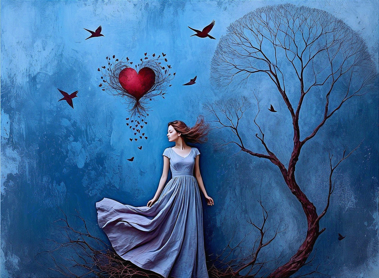 Young woman in blue dress in ethereal landscape