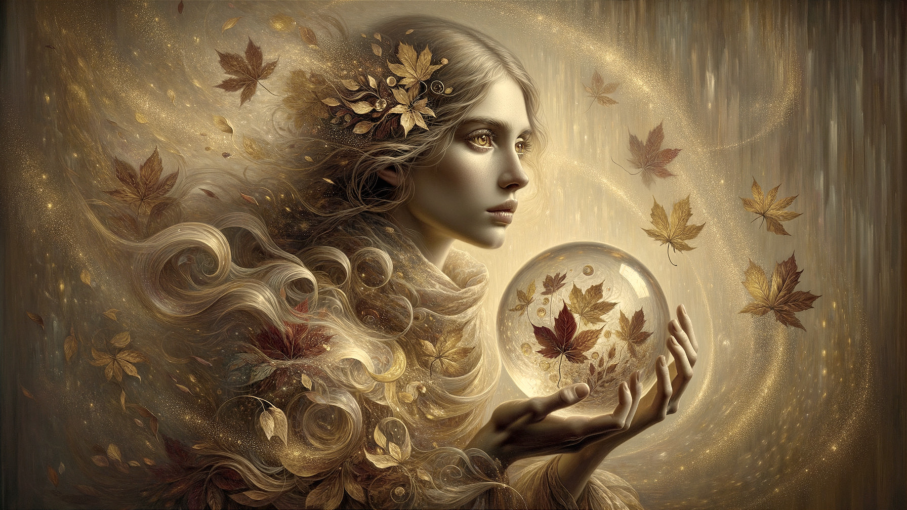 Woman Surrounded by Golden Elements and Autumn Leaves