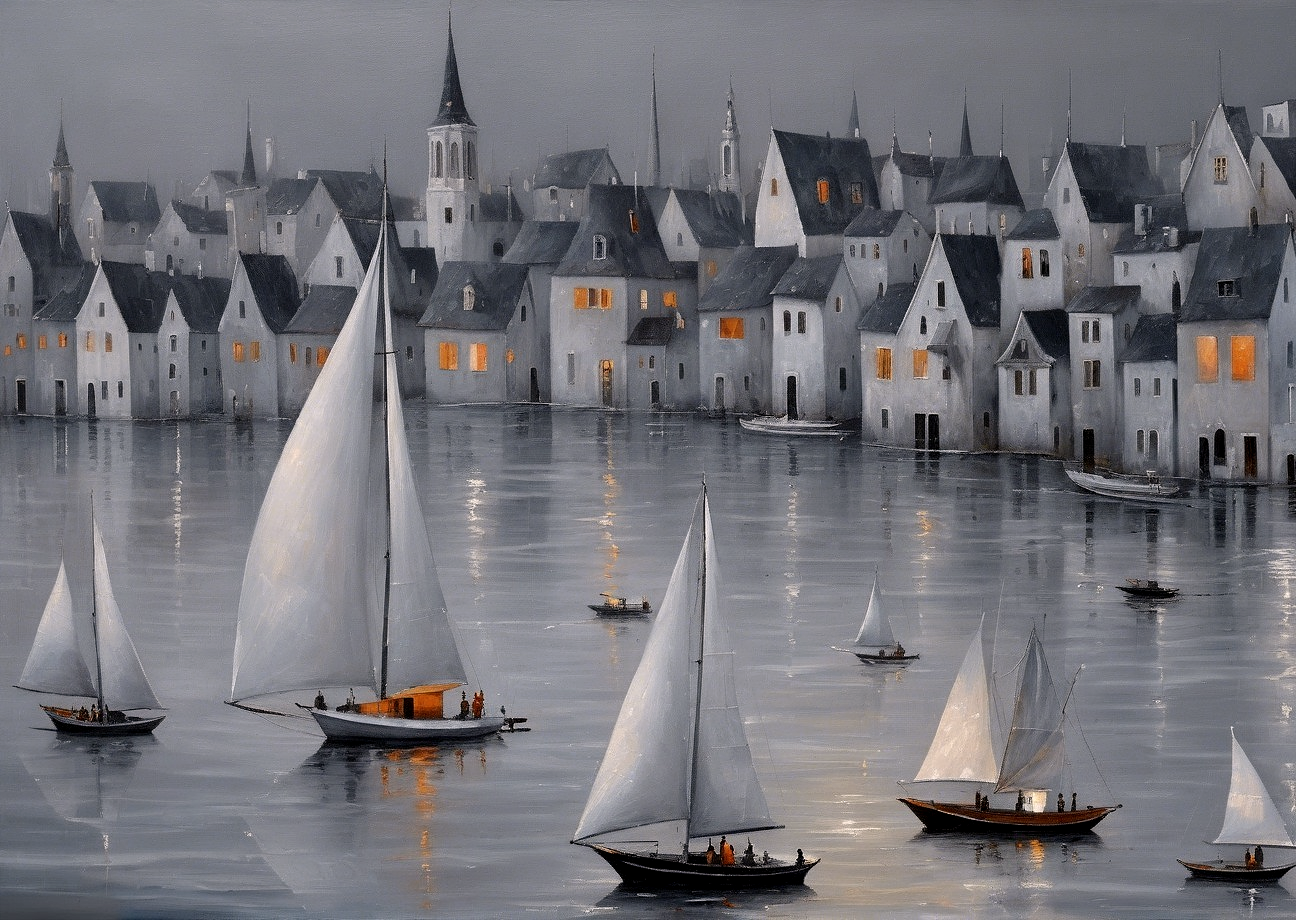 Serene harbor scene with sailboats and quaint houses