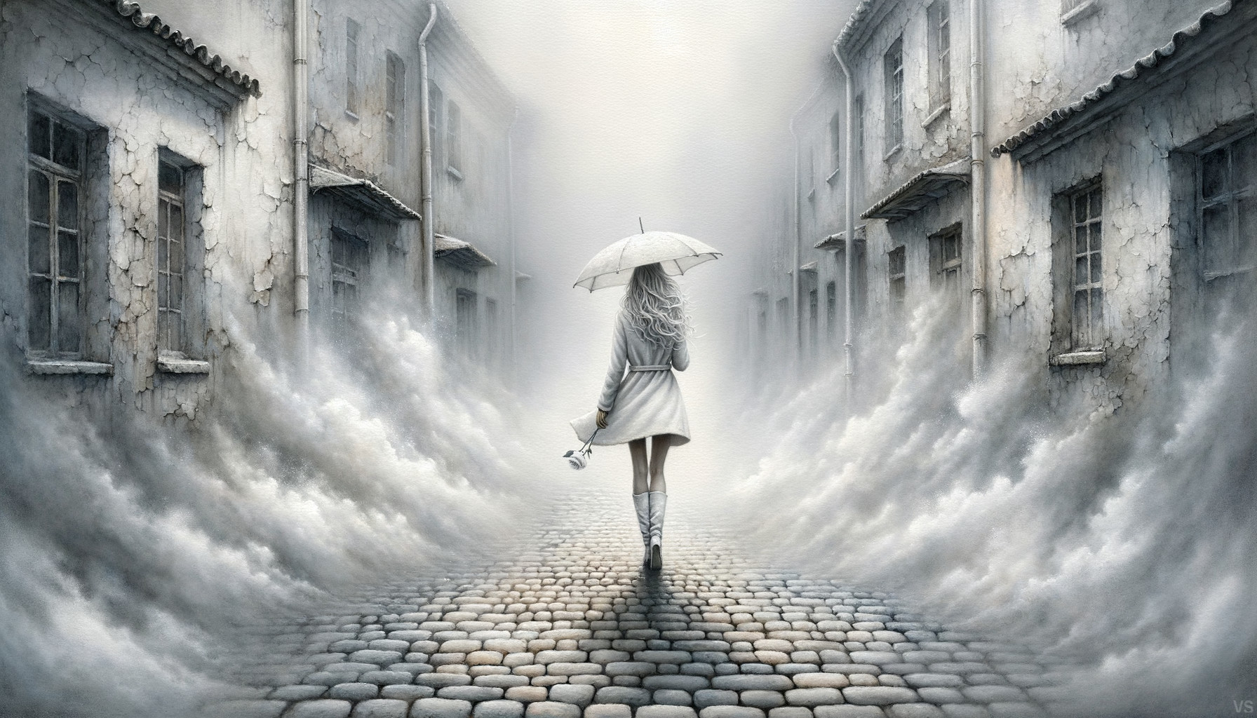Solitary Figure on Misty Cobblestone Street