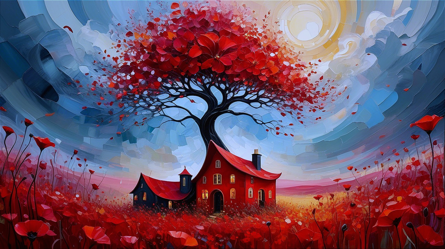 Whimsical Landscape with Red Tree and Charming Houses