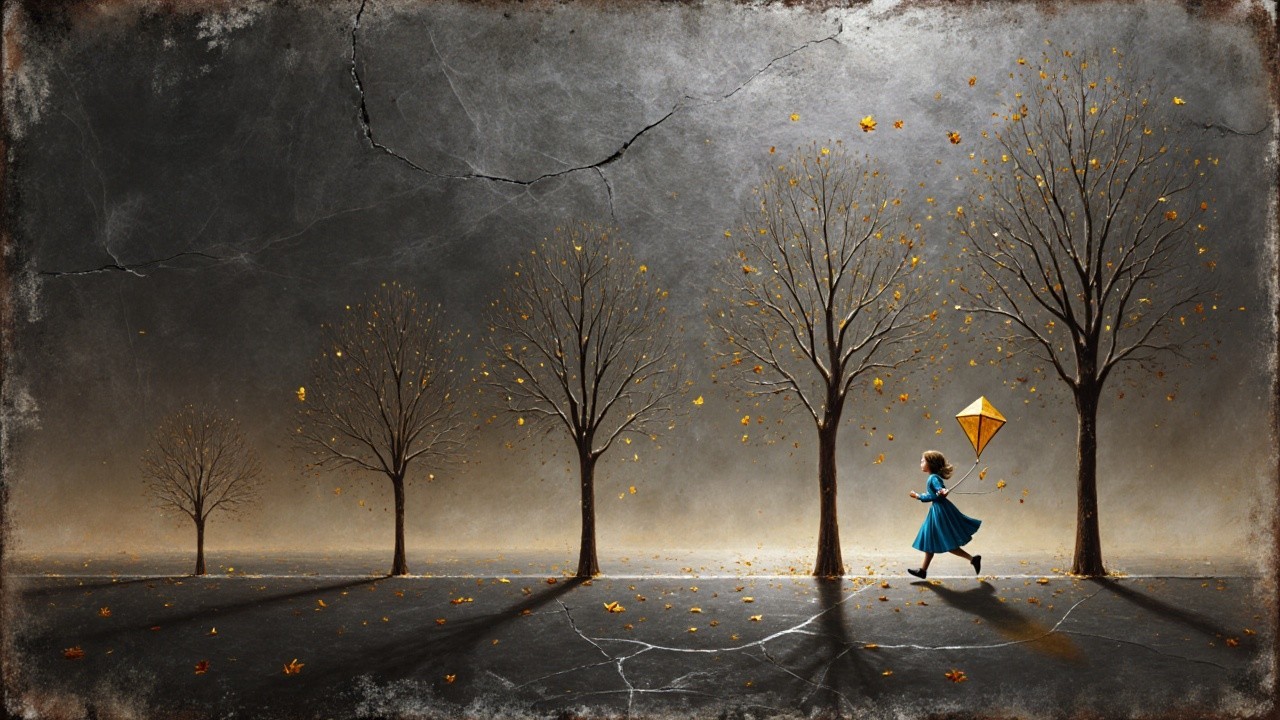 Young girl in blue dress running with kite in autumn