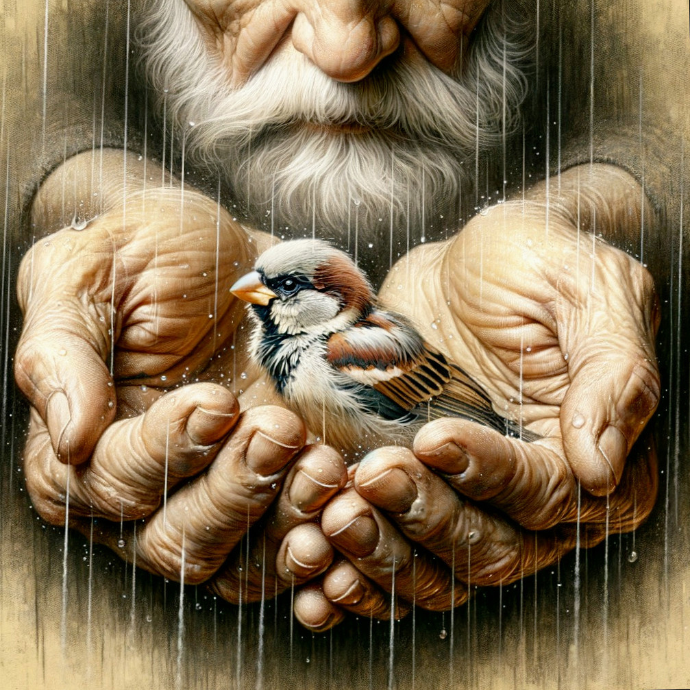 Elderly Hands Cradling a Wet Sparrow in Tender Care