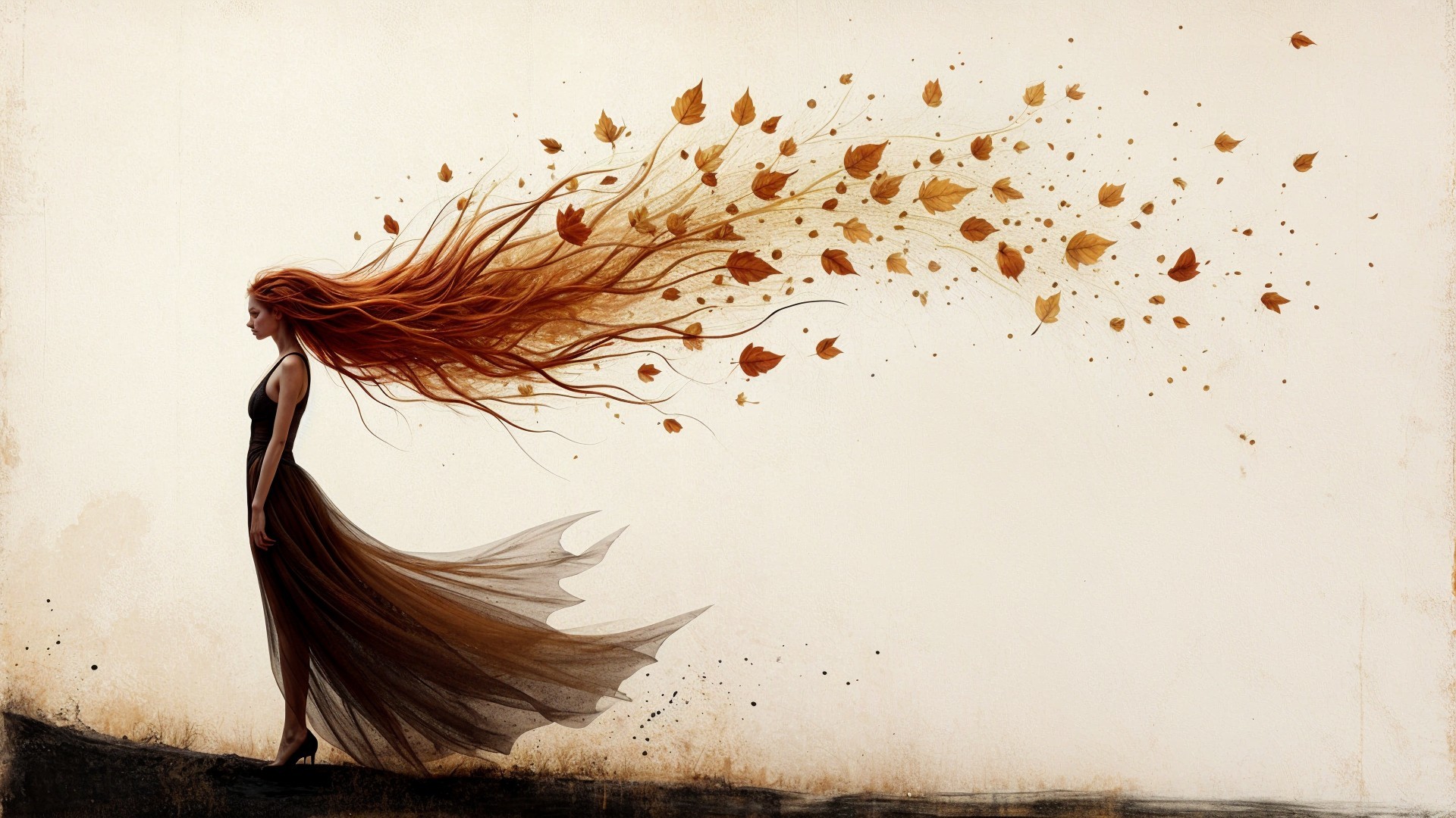 Mystical Woman with Autumn Leaves and Elegant Dress