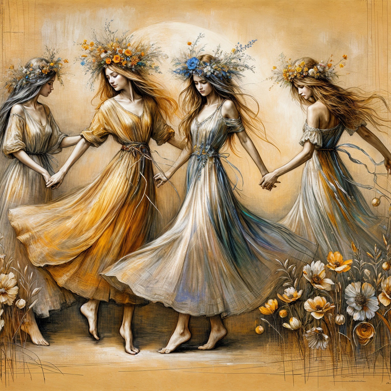Whimsical Dance of Ethereal Women in Floral Crowns