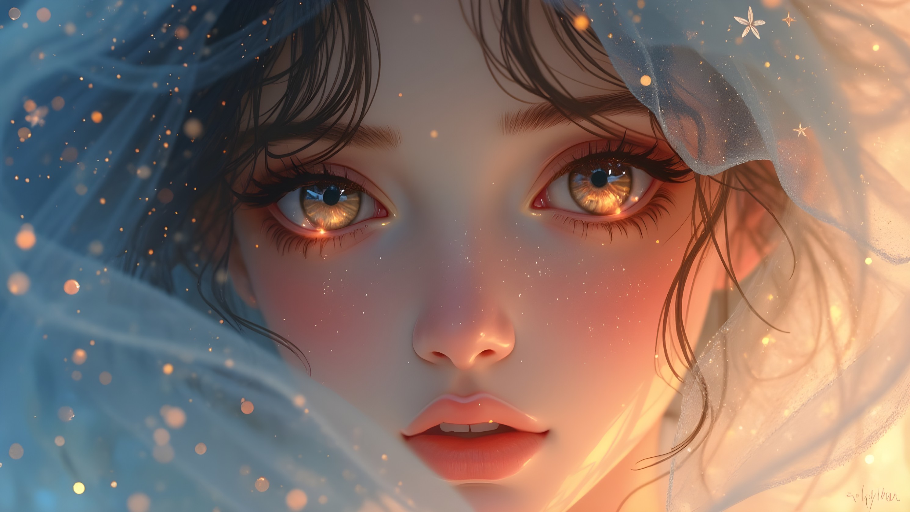 Close-up of a young woman with expressive eyes and veil