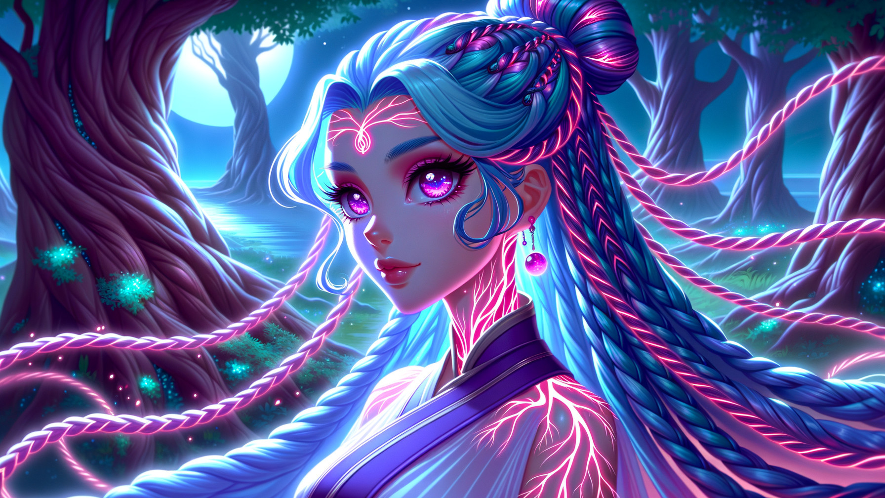 Ethereal Woman in Moonlit Magical Forest Scene
