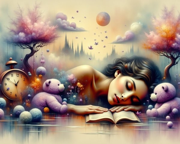 Dreamlike Scene of a Sleeping Woman with Teddy Bears