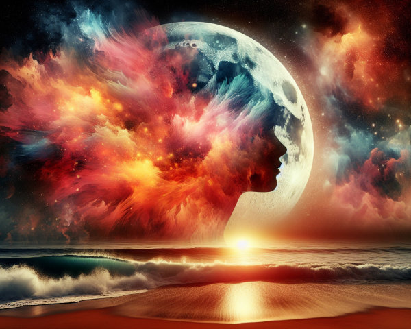 Surreal Landscape with Full Moon and Vibrant Sky