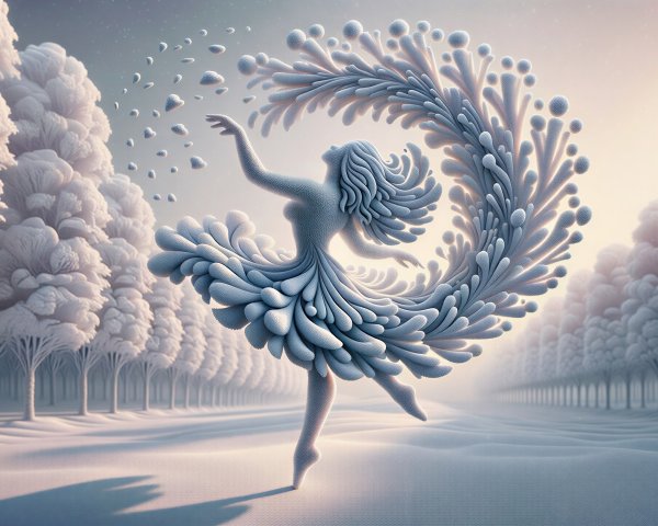 Ethereal Sculpture of Dancer in Misty Landscape