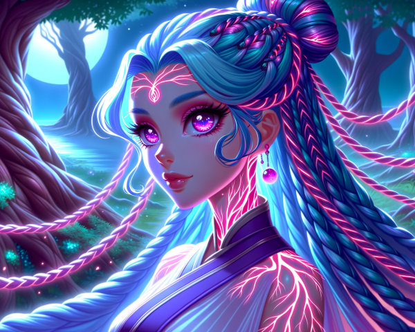 Ethereal Woman in Moonlit Magical Forest Scene