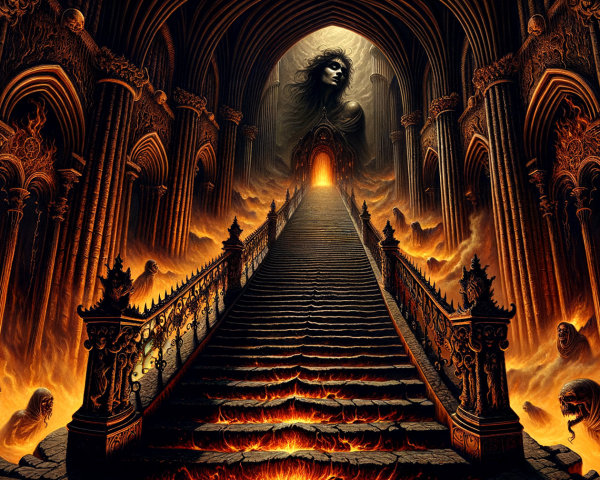 Grand Staircase with Ghostly Figures and Eerie Ambiance