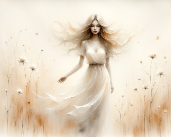 Ethereal figure in white gown among delicate flowers